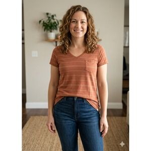 Prana Striped V-Neck Pocket Tee Women Size S Burnt Orange Short Sleeve